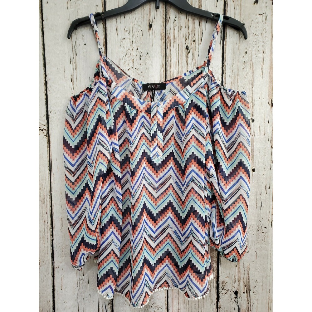Energie Women's Large Multicolor Sheer Silky Peasant Boho Blouse Top Boho‎ Chic